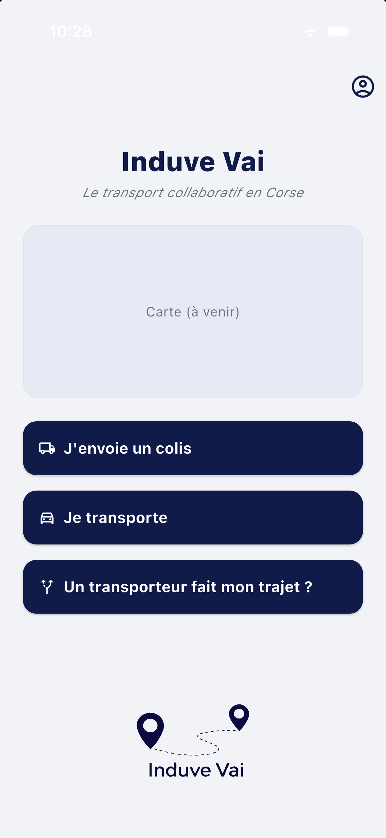 Induve VAI - Écran d'accueil avec options J'envoie un colis, Je transporte, Un transporteur fait mon trajet