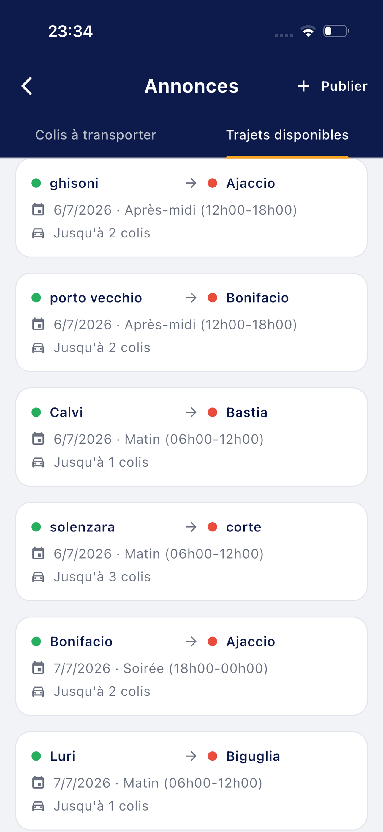 Induve VAI - Publier un trajet pour transporter des colis