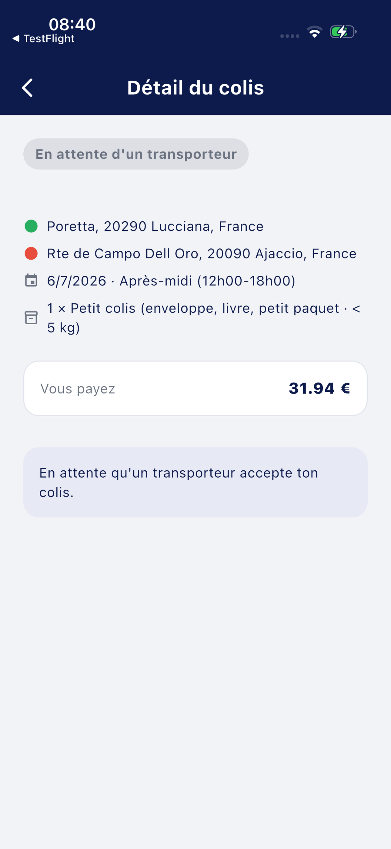 Induve VAI - Détail d'une annonce de colis avec informations de livraison